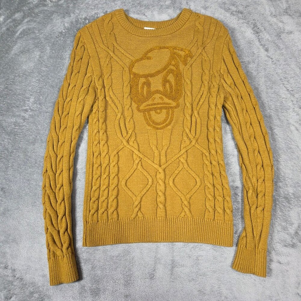 Disney Sweater Womens Small Mustard Yellow Donald Duck Cable Knit Preppy Cruise